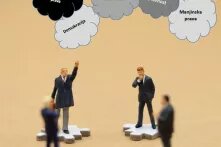 miniature people businessmen standing white jigsaw