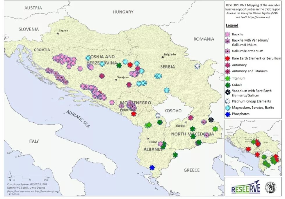 Slika 1. Pojava CRM-a (primarni) i odabrani sekundarni na Zapadnom Balkanu. Izvor: Giakallou et al. 2021.