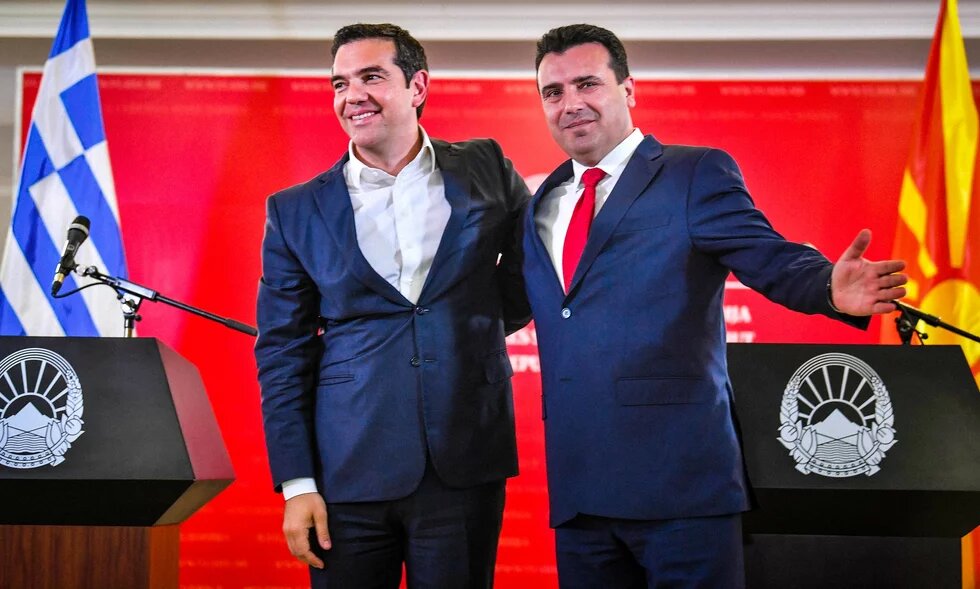 The Prime Minister of North Macedonia Zoran Zaev (R) and his Greek counterpart Alexisis Tsipras (L) pose after the press conference in the Government building , in Skopje, North Macedonia, 02 April 2019. EPA-EFE/GEORGI LICOVSKI
